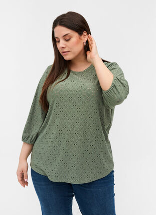 Blouse with 3/4-length sleeves and broderie anglaise, Agave Green, Model image number 0
