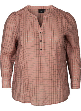 Checked blouse with buttons and puff sleeves, Rosa Check, Packshot image number 0