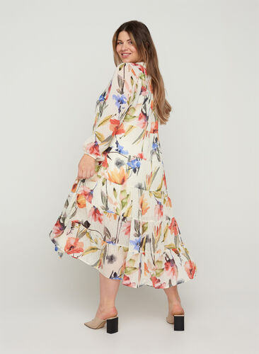 Printed midi dress with buttons and a-line, Snow White AOP, Model image number 1
