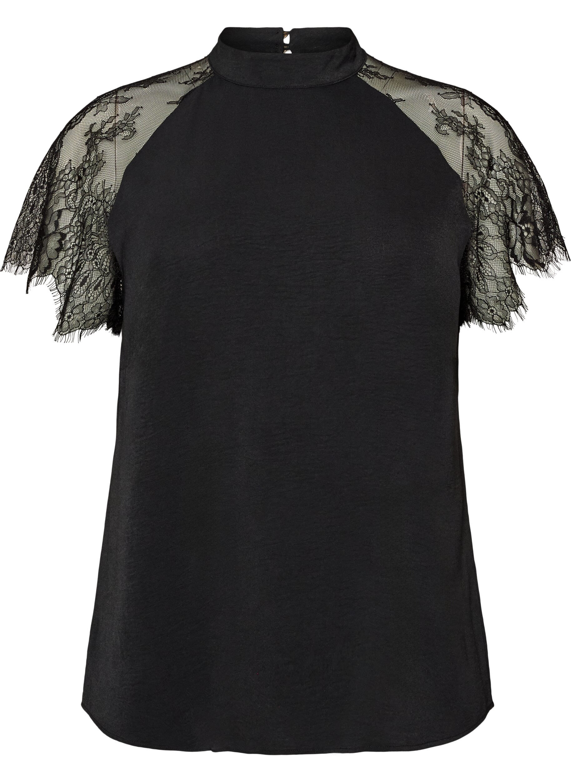 ZizzifashionBlouse with short lace sleeves and high neck, Black, Packshot image number 0