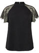 Blouse with short lace sleeves and high neck, Black, Packshot image number 0