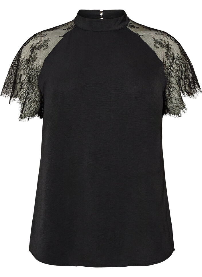 Blouse with short lace sleeves and high neck, Black, Packshot image number 0