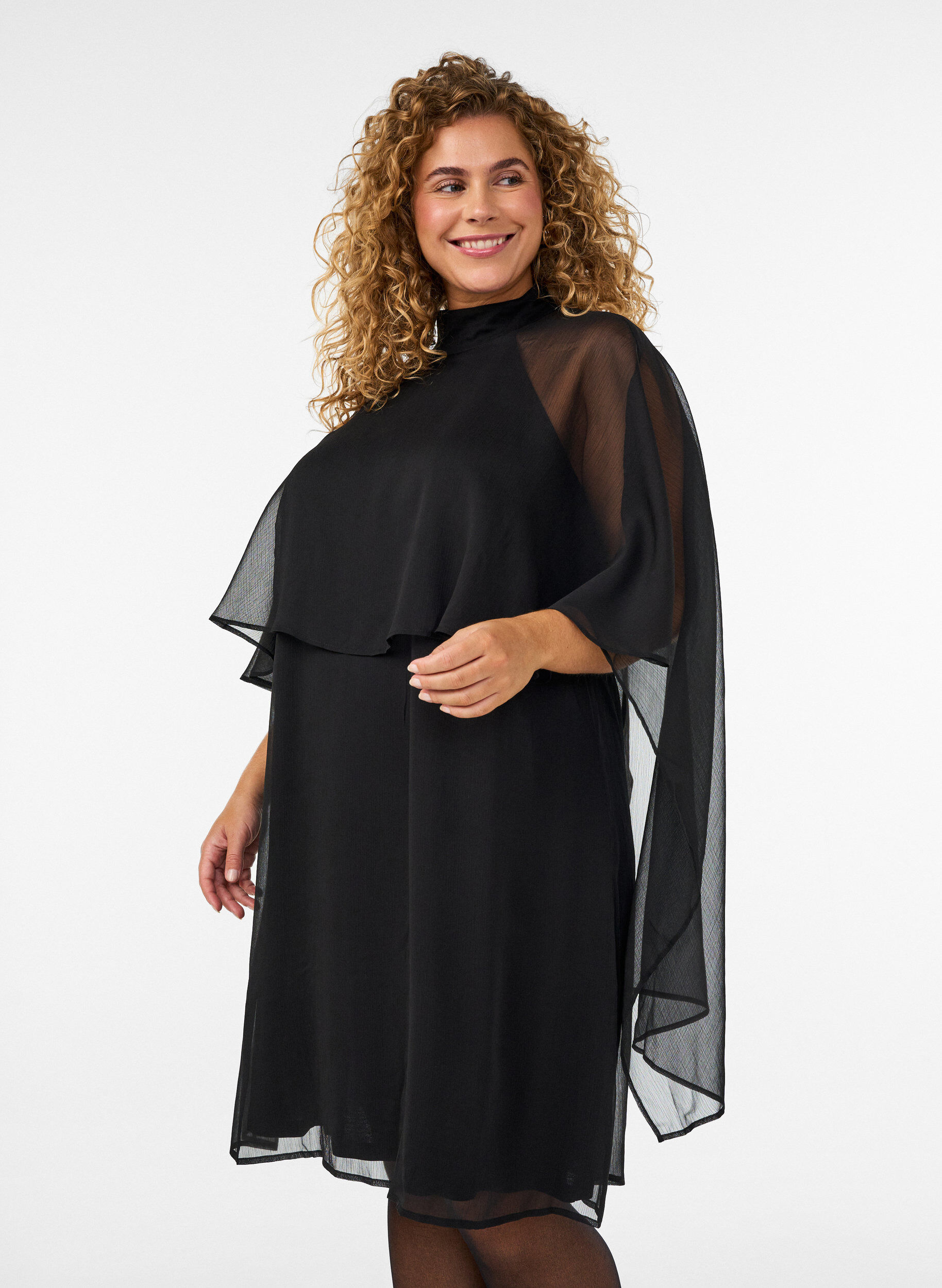 Knee-length chiffon dress with sheer cape, Black, Model