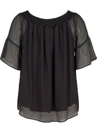 Short-sleeved blouse with smock and light structure, Black, Packshot image number 1