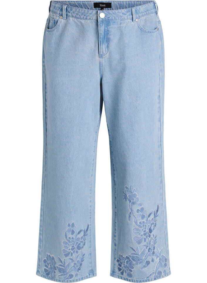 Myra jeans with wide fit and flower details, Light Blue, Packshot image number 0