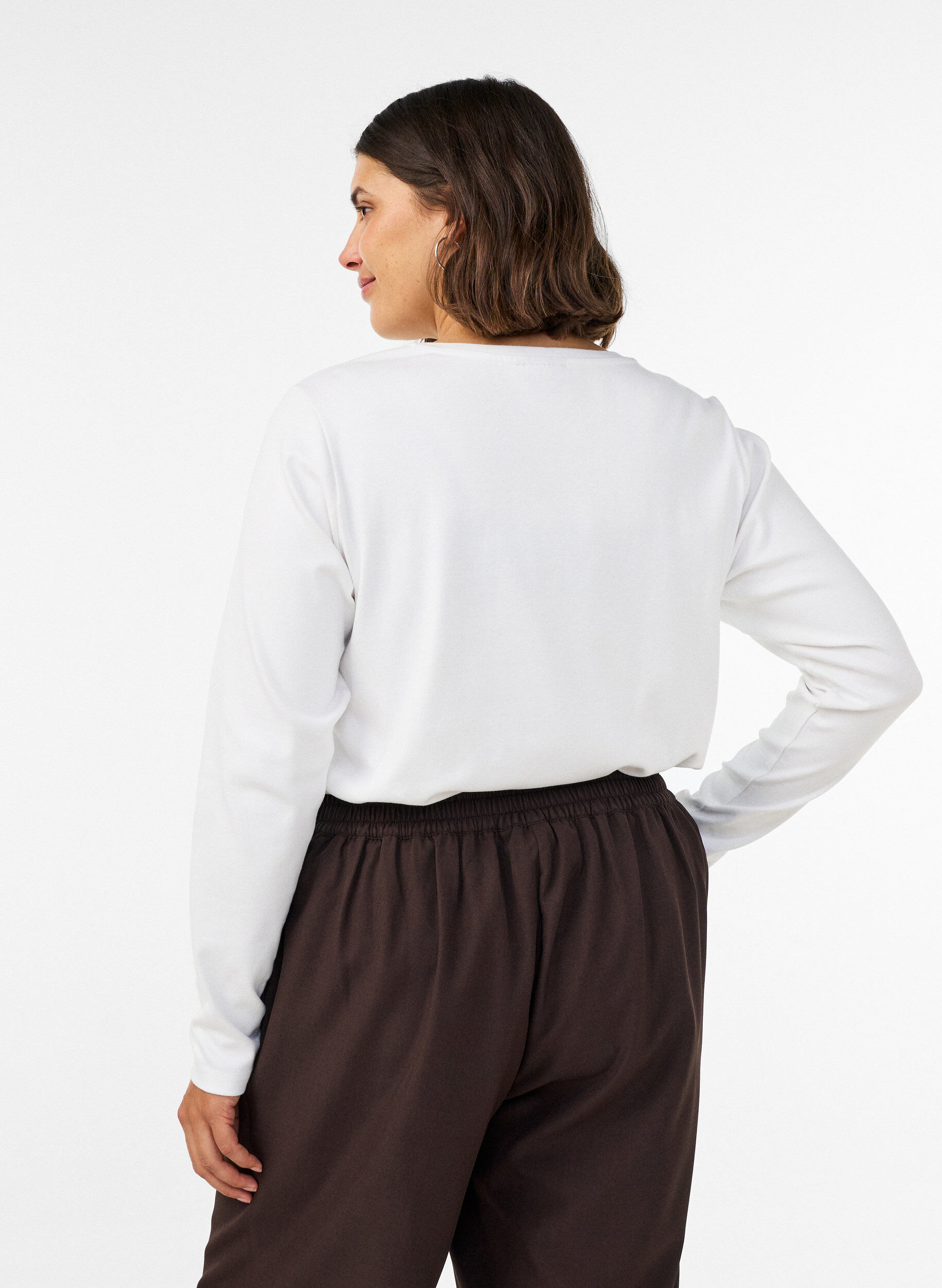 ZizzifashionLong-sleeved basic T-shirt with a round neck, White, Model image number 2
