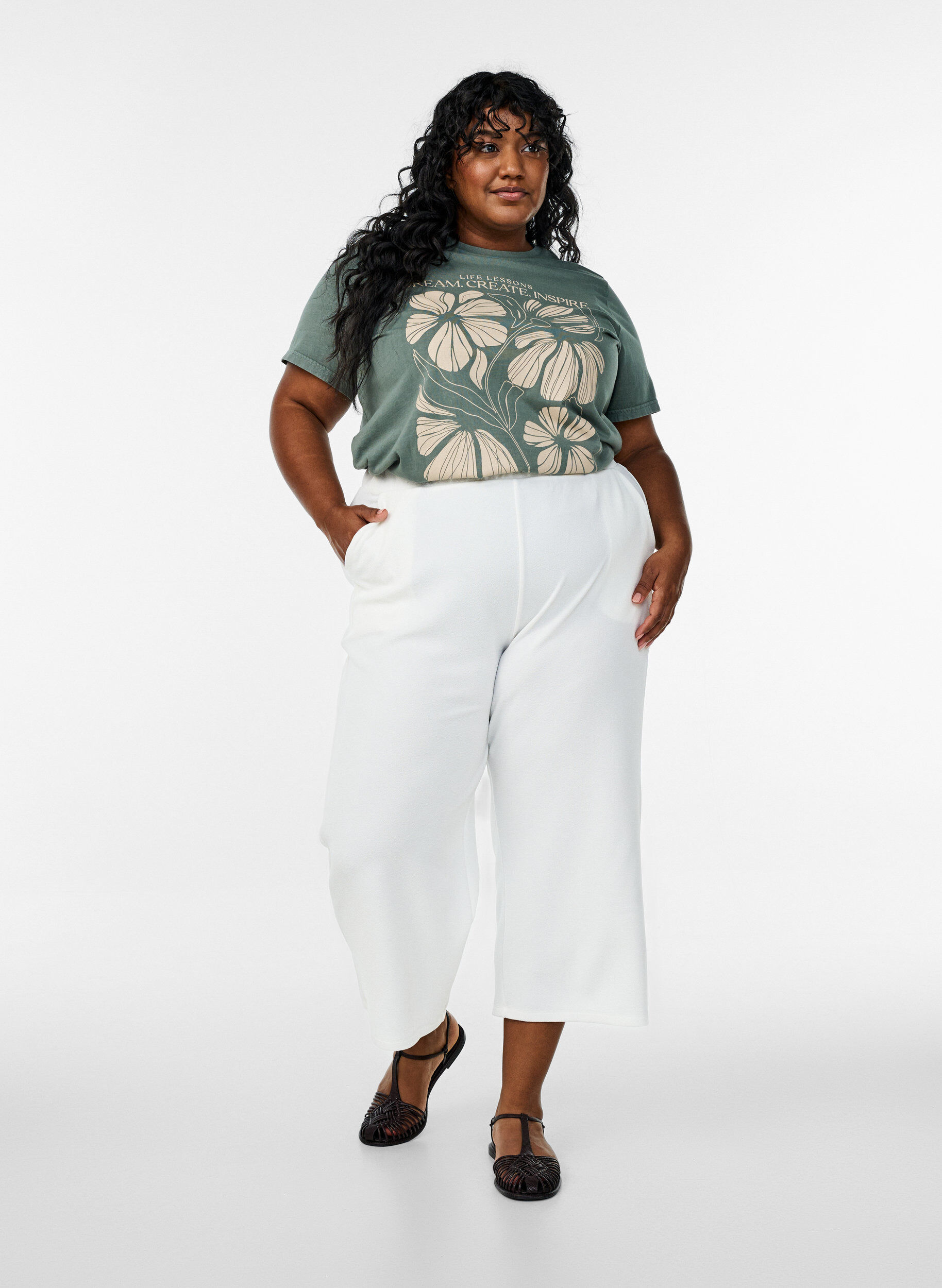 Zizzifashion Organic cotton T-shirt with text and floral print, Green, Model image number 1