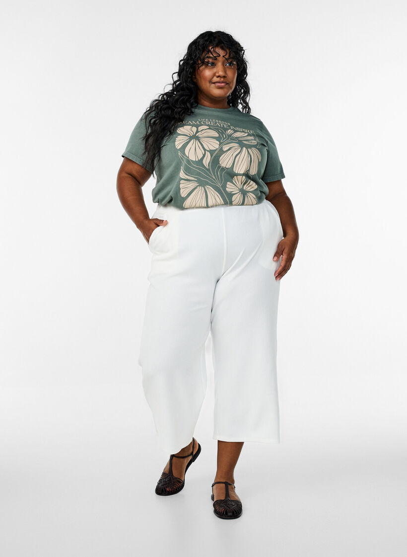 Organic cotton T-shirt with text and floral print, Green, Model image number 1