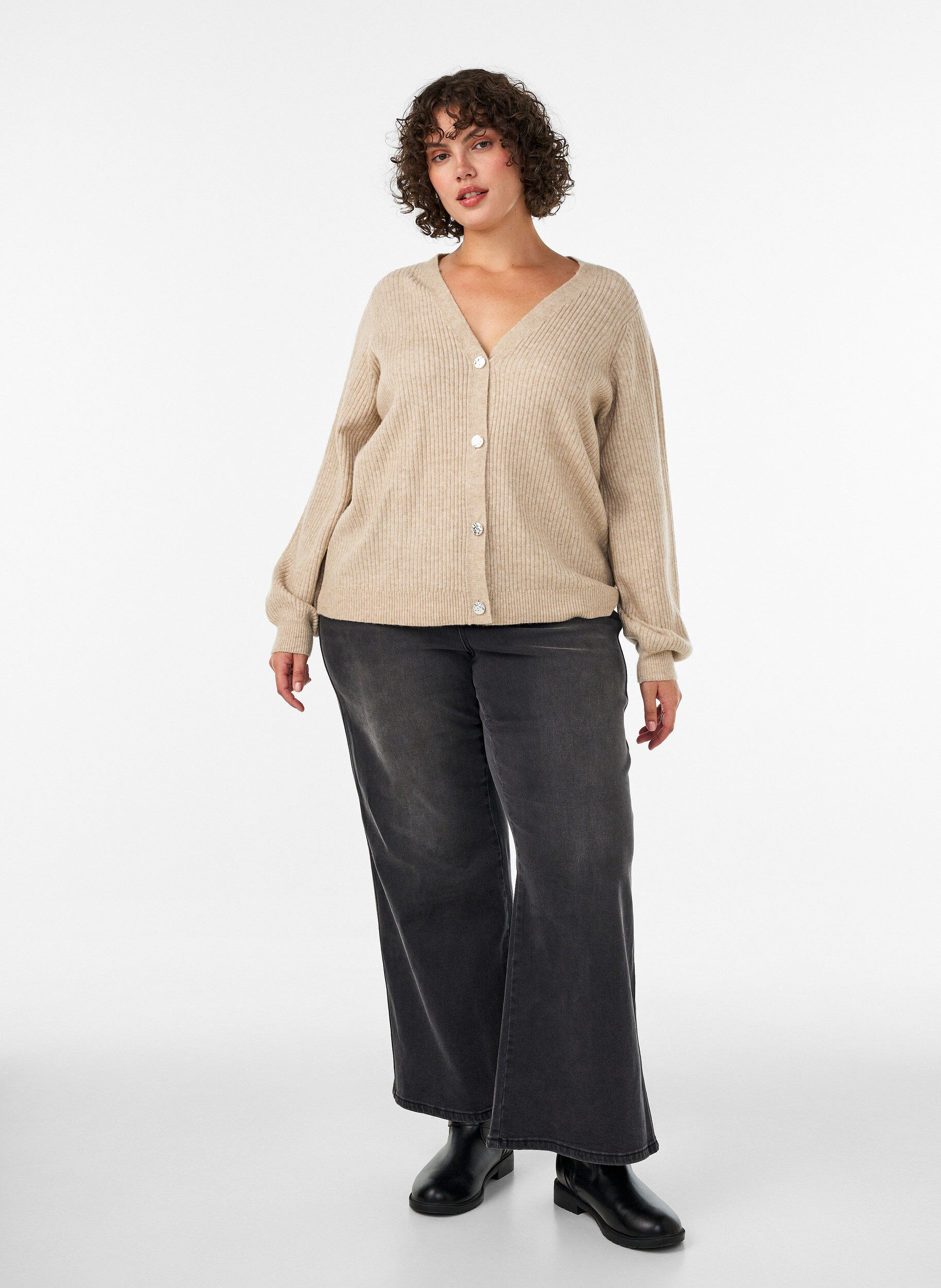ZizzifashionCardigan with V-neck and ribbed texture, Beige, Model image number 1
