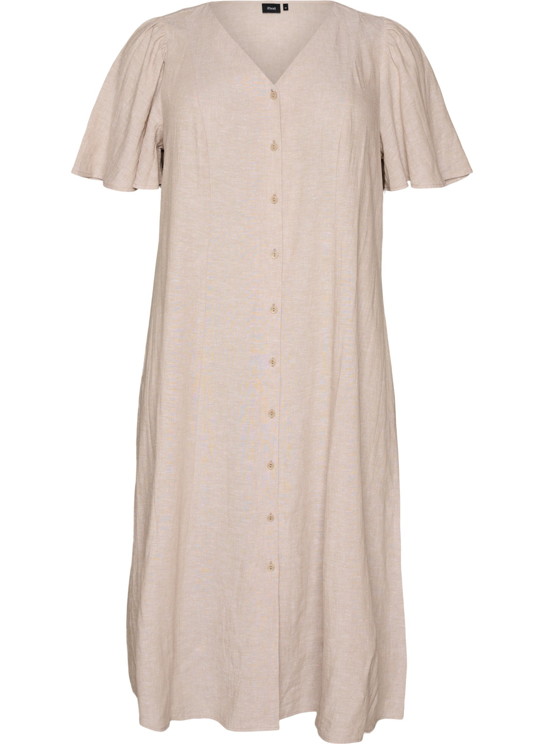 Zizzifashion Midi dress in linen and viscose with ruffle sleeves, Beige, Packshot image number 0