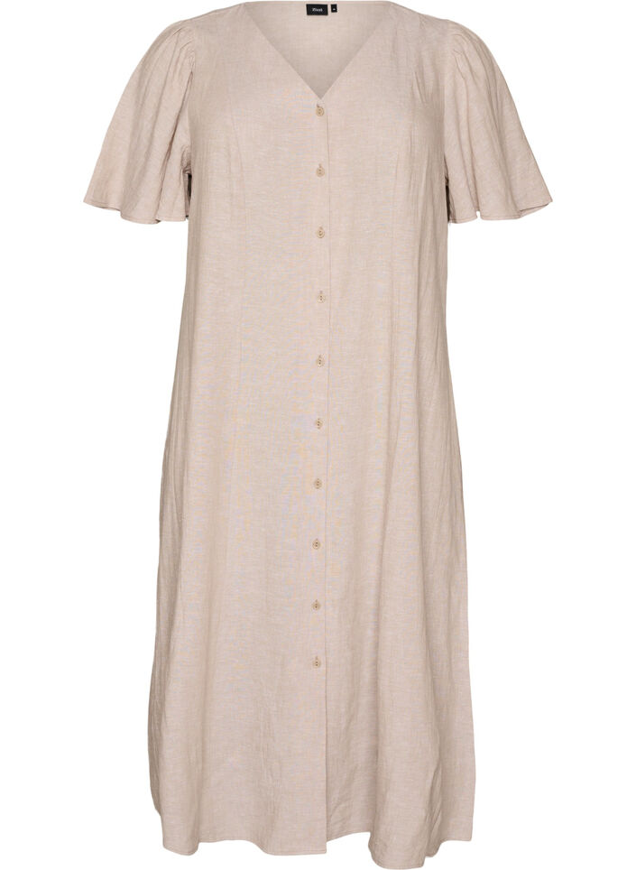 Midi dress in linen and viscose with ruffle sleeves, Beige, Packshot image number 0