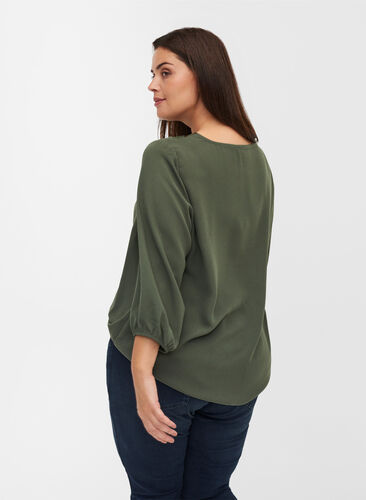 Solid-coloured 3/4 sleeve blouse with lace, Thyme, Model image number 1