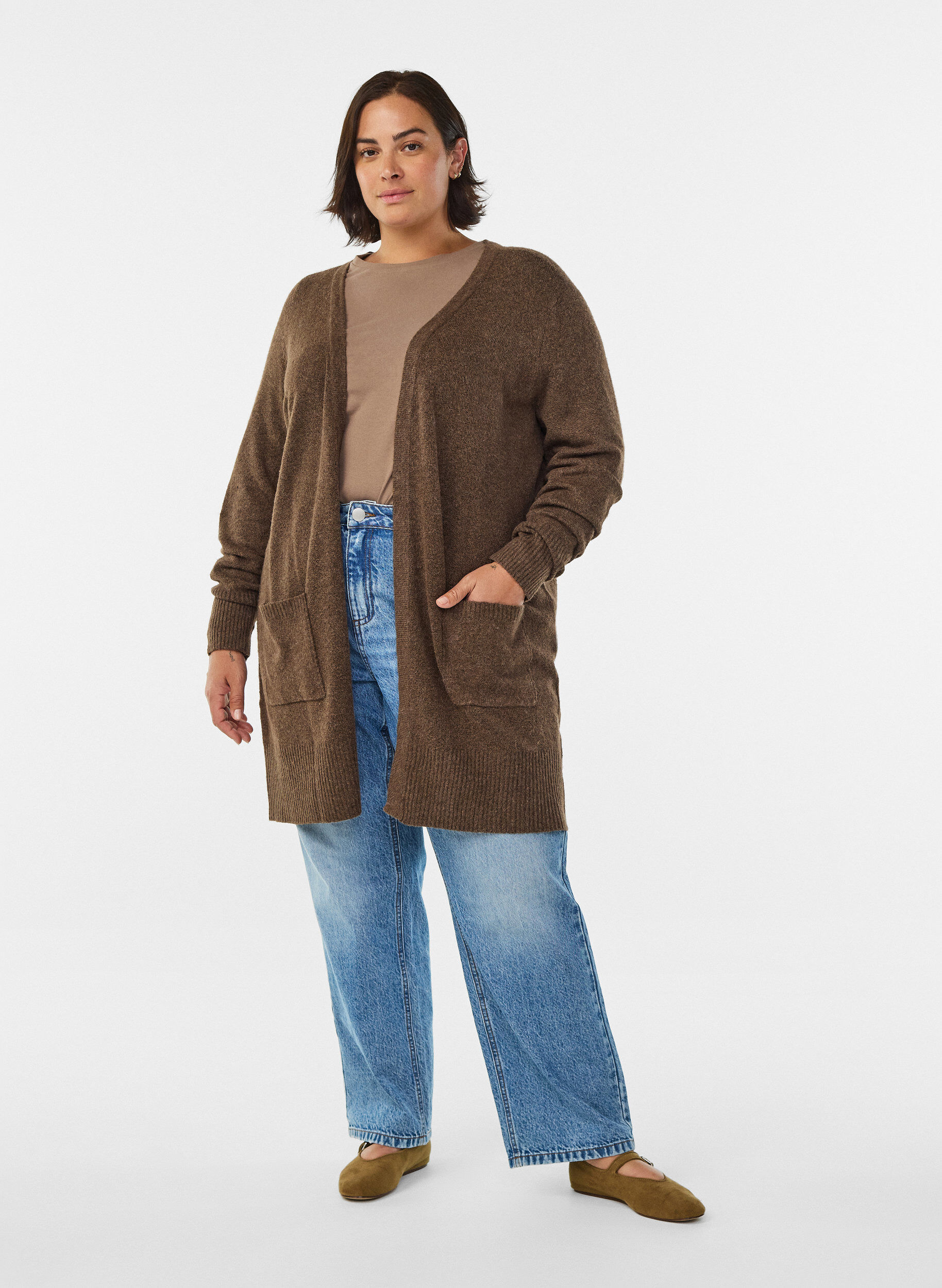 Zizzifashion Ribbed Knit Cardigan with Pockets, Brown, Model image number 1