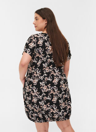 Short-sleeved, printed cotton dress, Black Dusty Flower , Model image number 1