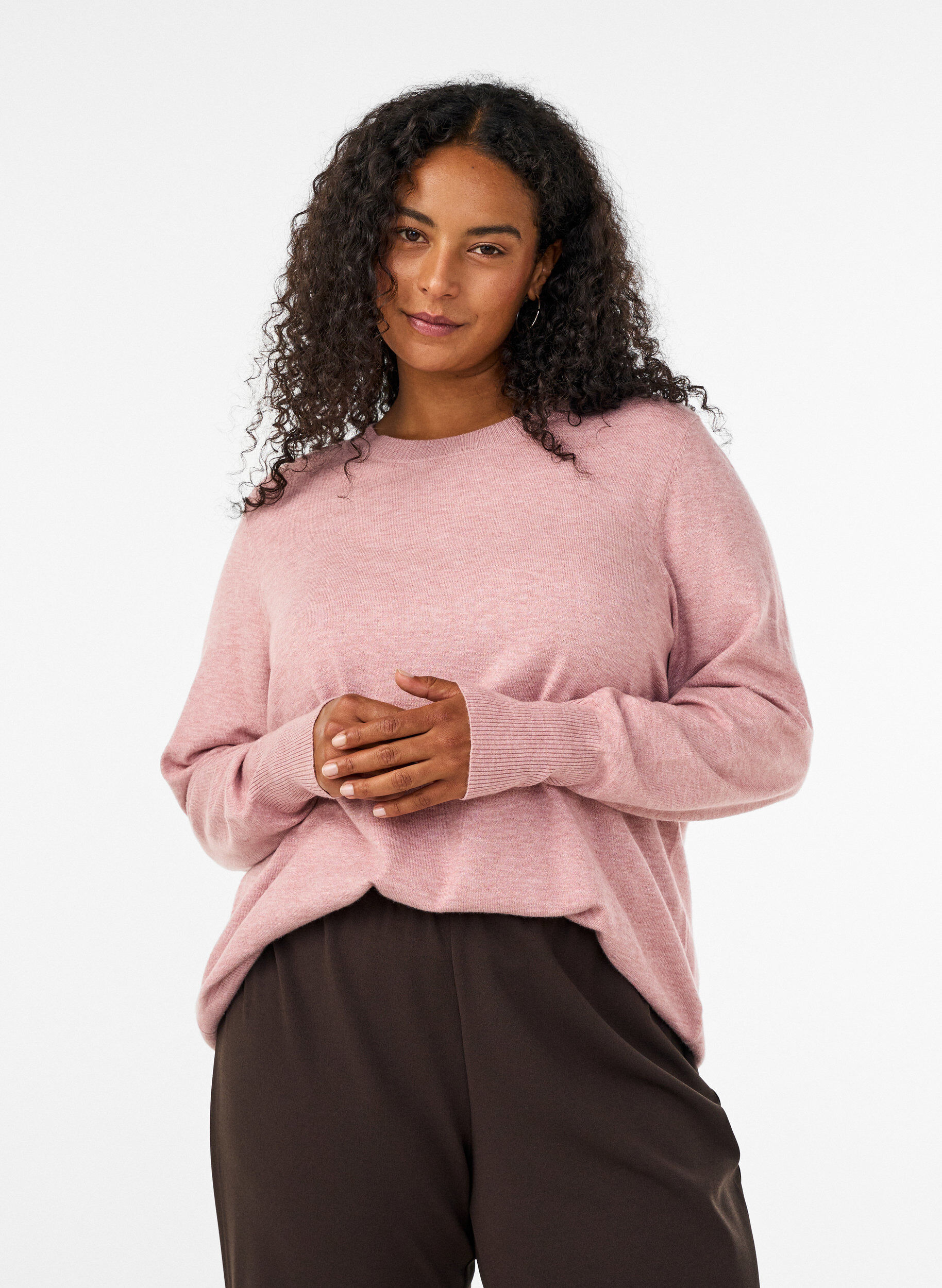 ZizzifashionKnitted blouse with a round neck, Rose, Model image number 0