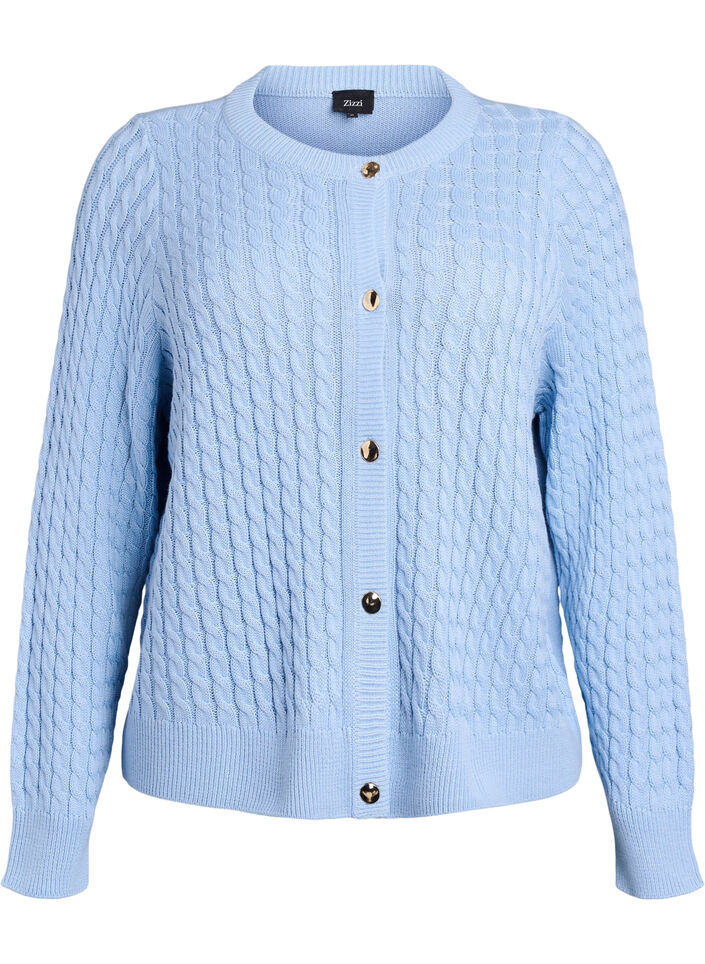 Cable-knit cardigan with golden buttons, Blue, Packshot image number 0