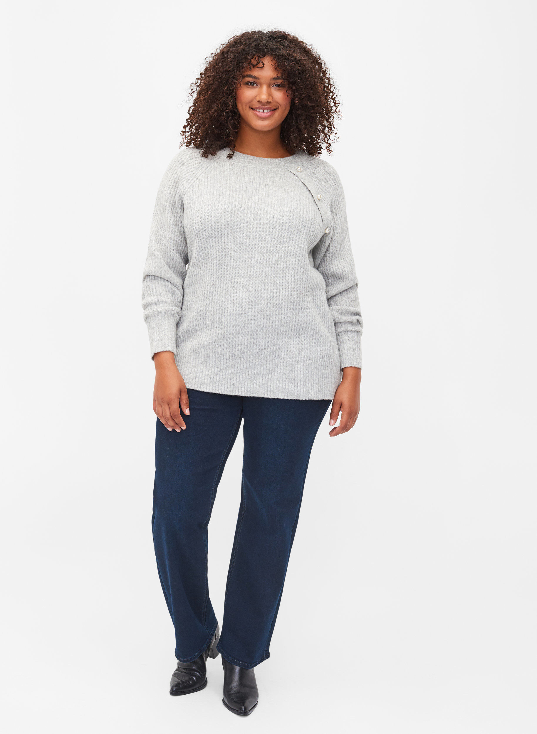 Zizzifashion Melange knit sweater with pearl buttons, Light Grey Melange, Model image number 3