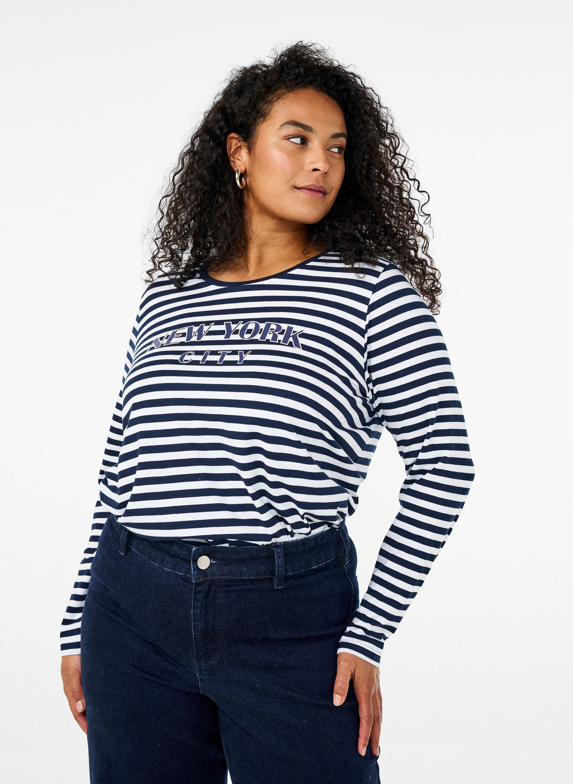 Zizzifashion Striped blouse with motif, White w.Navy Stripe, Model image number 0
