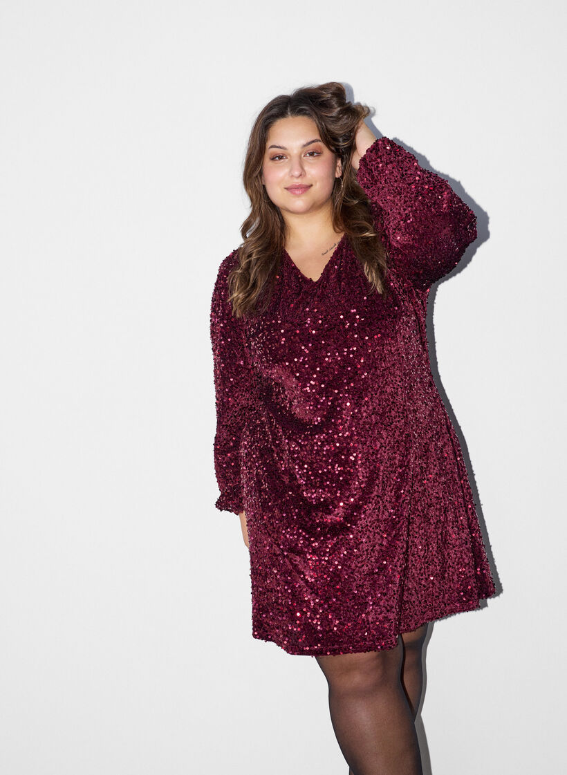 Short sequin dress with an A-line shape, Red, Model image number 0