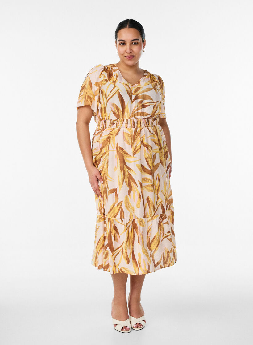 Viscose midi dress with leaf print and smocked waist, Yellow, Model image number 0