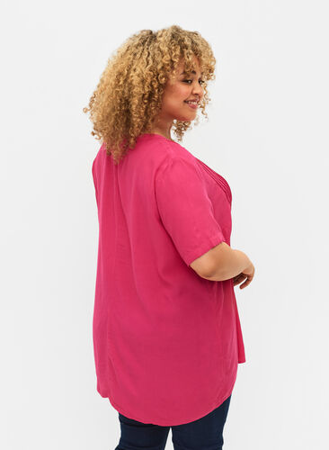 Viscose blouse with short sleeves and pleats, Beetroot Purple, Model image number 1