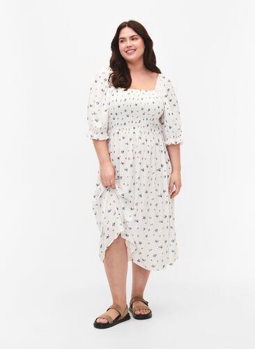Floral viscose midi dress with smock, Bright White Flower, Model image number 0