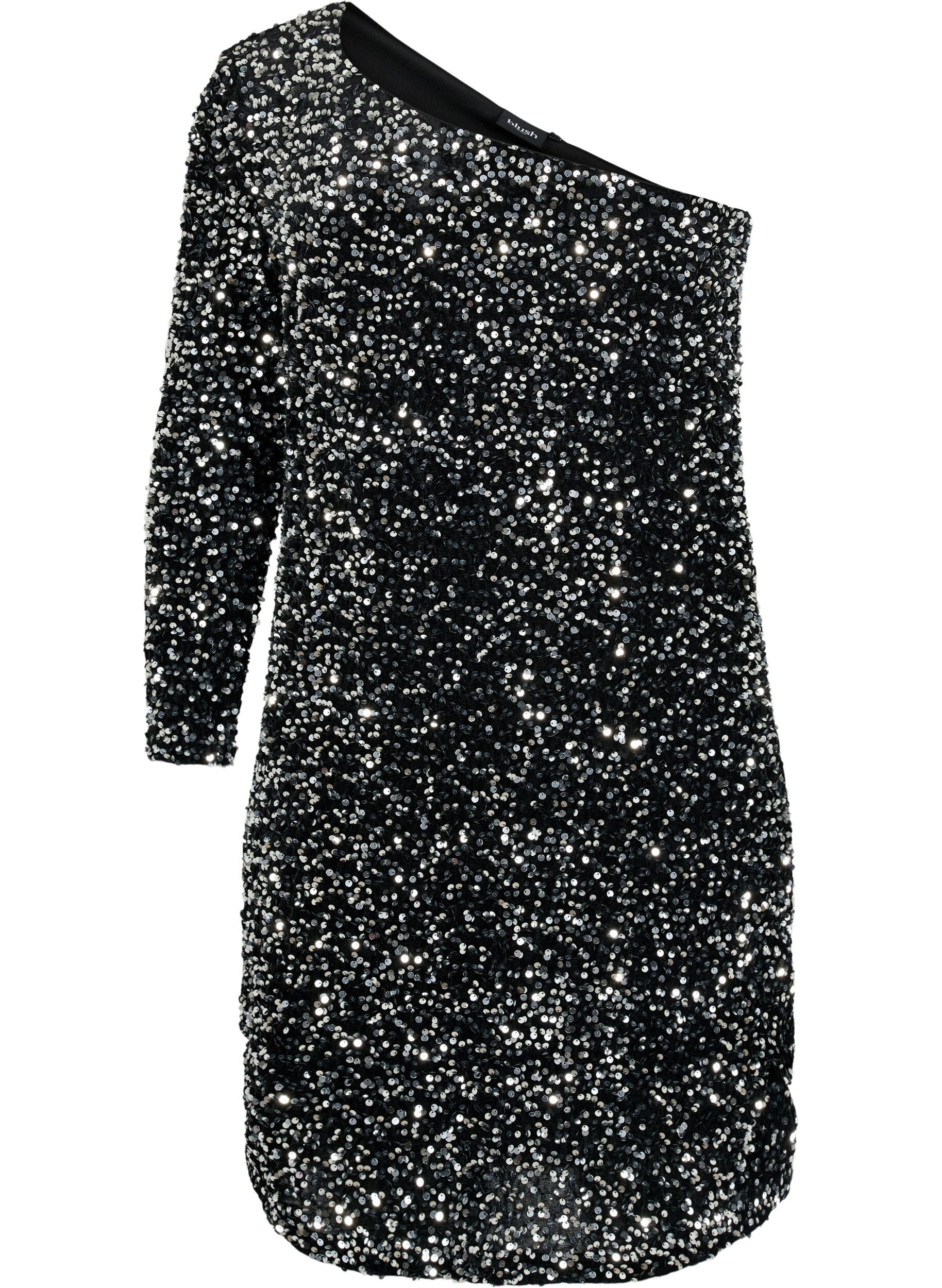 Zizzifashion Short one-shoulder dress with sequins, Black/Silver Sequins, Packshot image number 0