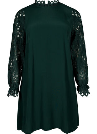 Viscose dress with crochet sleeves, Scarab, Packshot image number 0