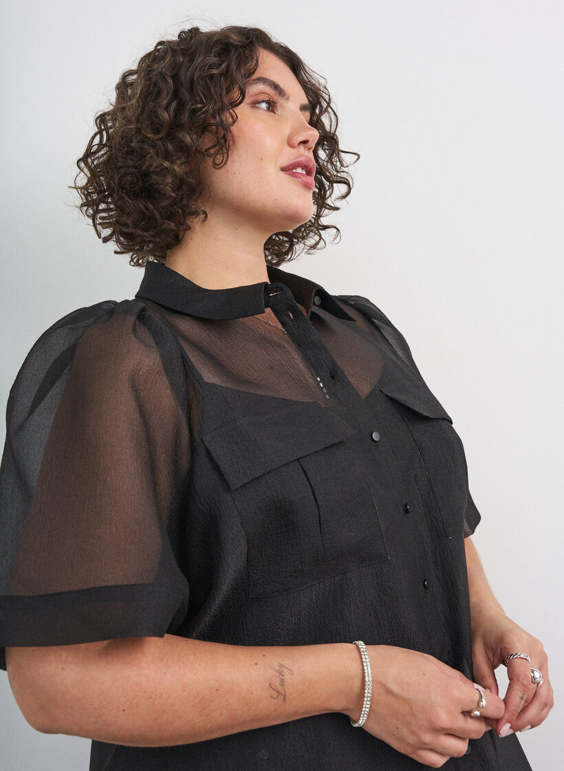 Organza dress with chest pockets and puff sleeves, Black, Model image number 3