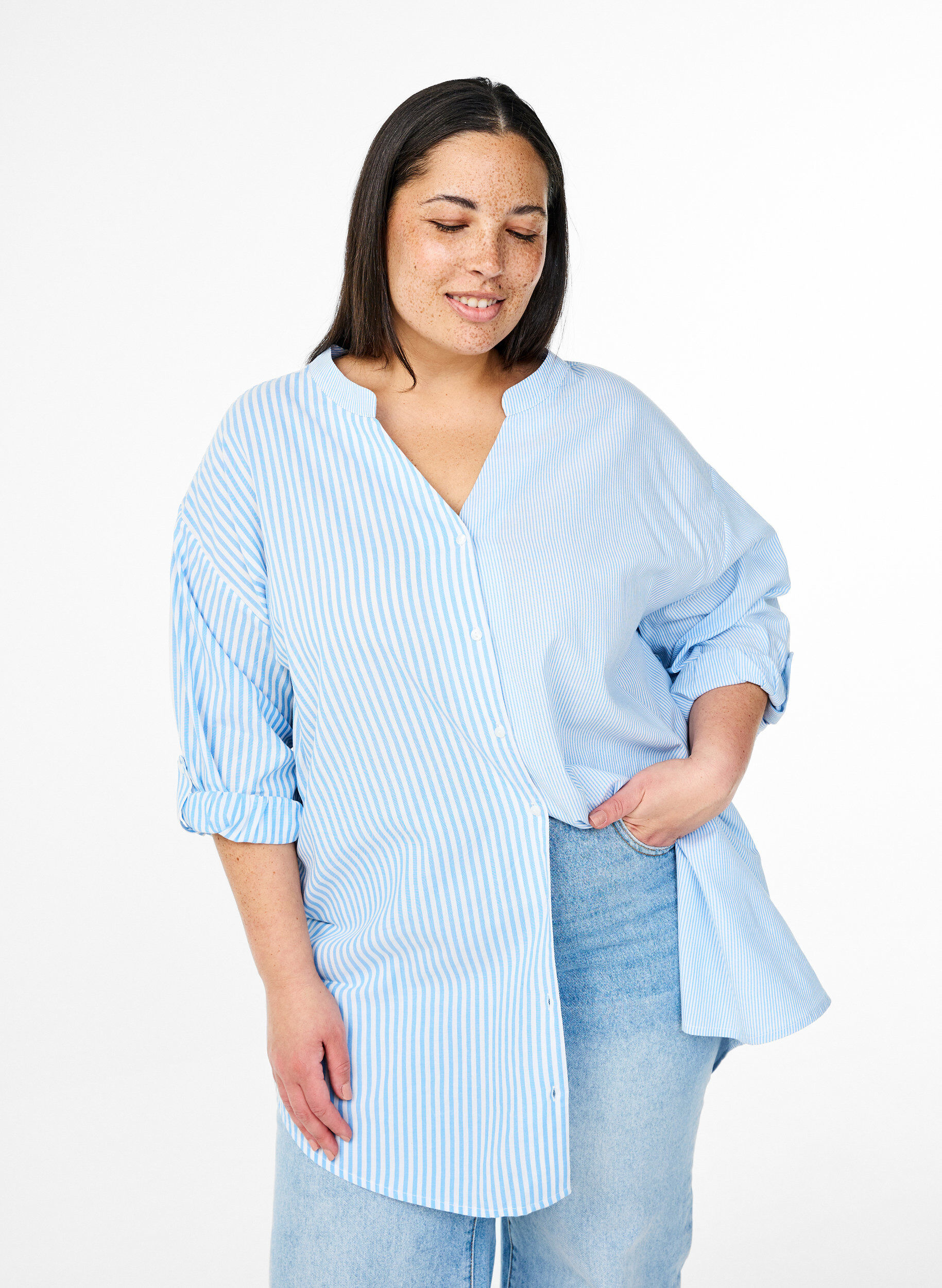 Zizzifashion Striped tunic with 3/4 sleeves, Light Blue, Model image number 0