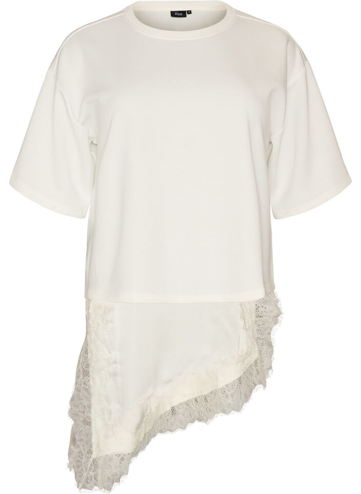 Jersey blouse with a layered look and lace, Vanilla, Packshot image number 0