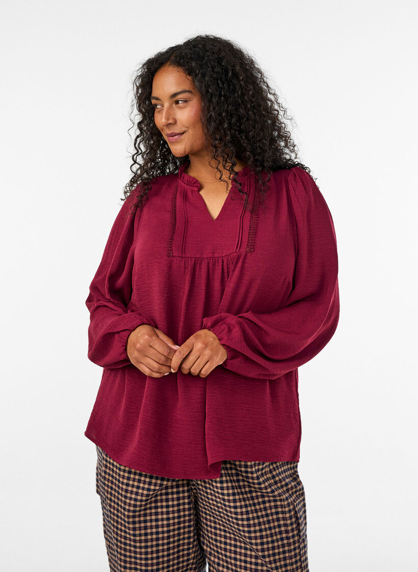 Blouse with V-neck and crochet band, Red, Model image number 0