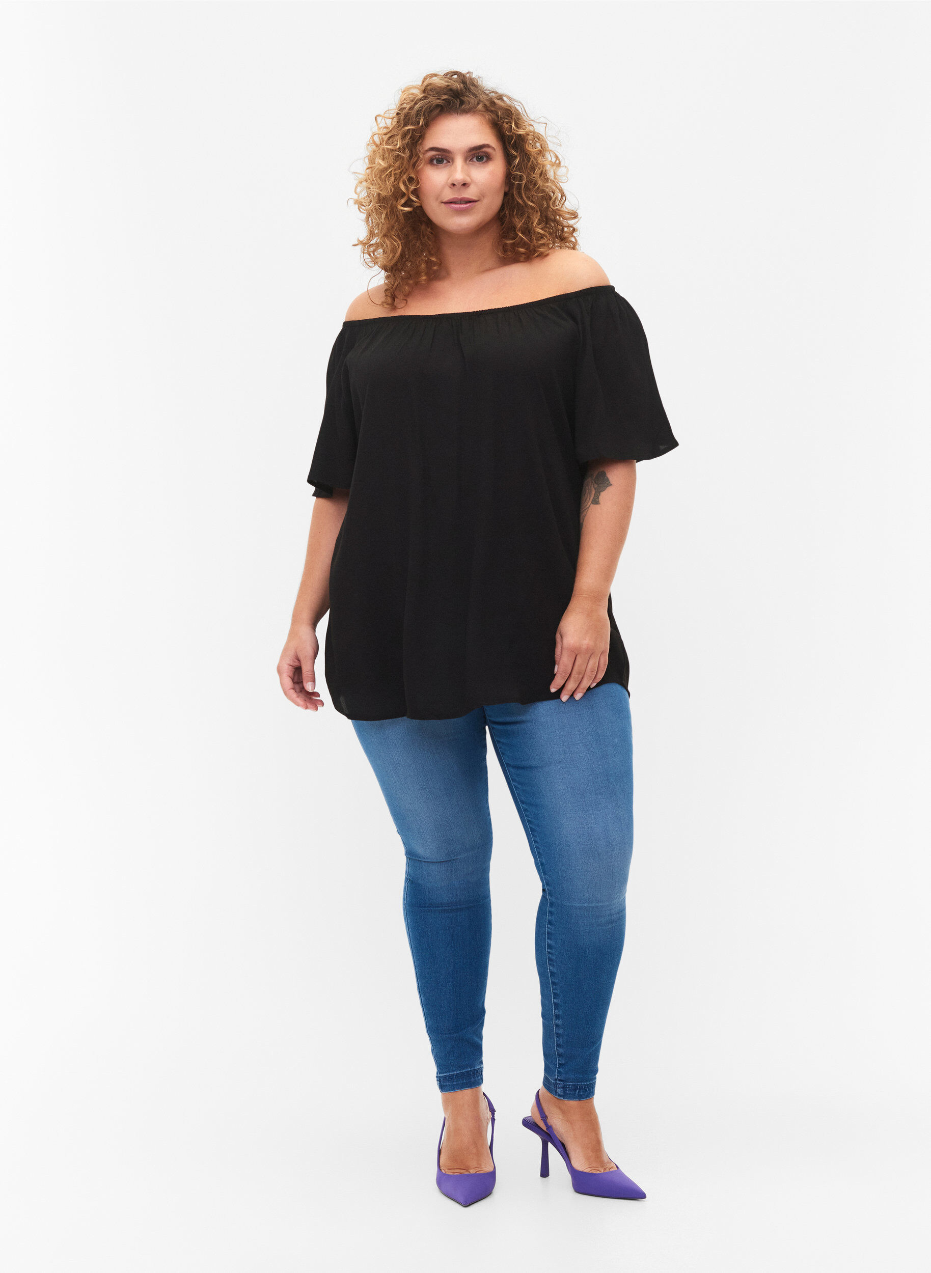 Zizzifashion Plain viscose blouse with short sleeves, Black, Model image number 3