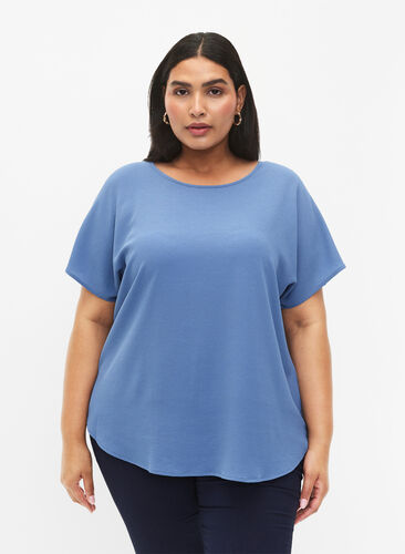 Short sleeved blouse with round neckline, Moonlight Blue, Model image number 0