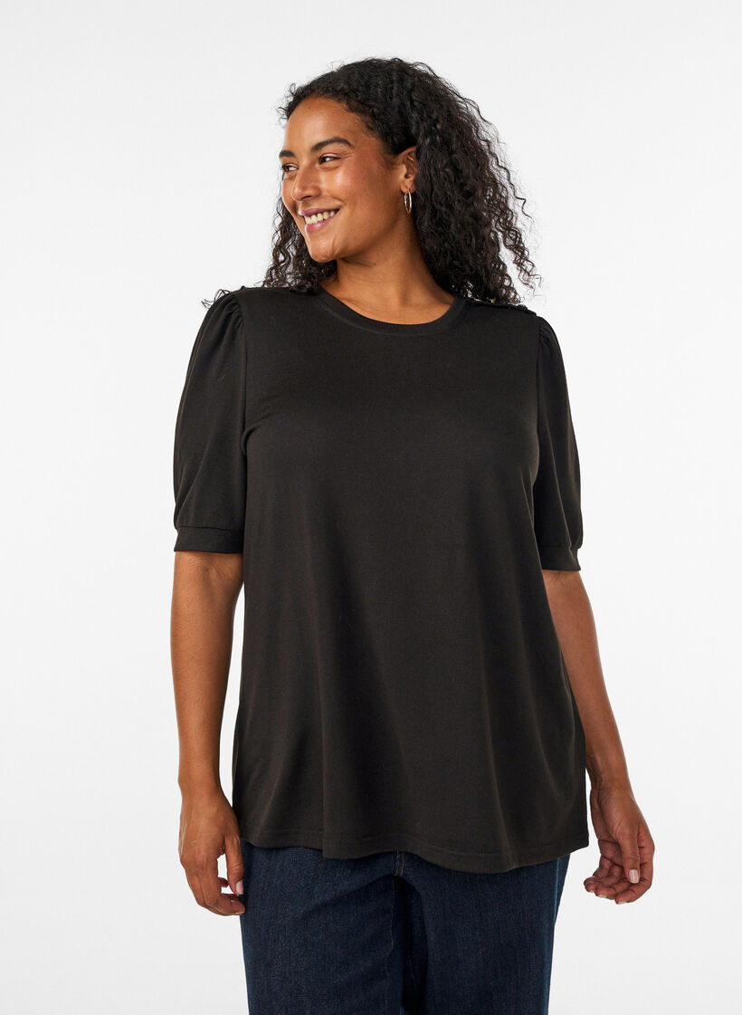 Blouse with button detail and short puff sleeves, Black, Model image number 0