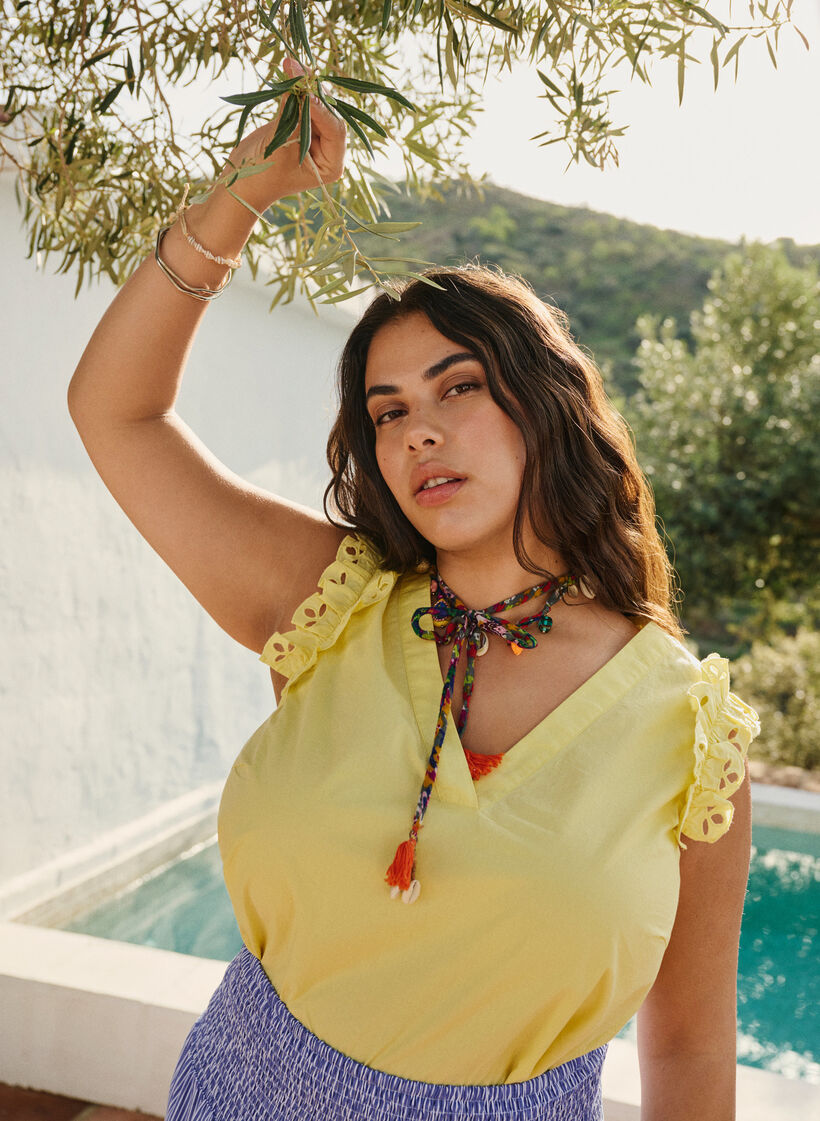 Sleeveless cotton top with ruffles, Yellow, Image image number 0