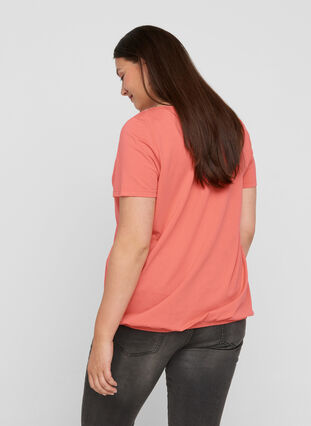 Short-sleeved t-shirt with a round neck and lace trim, Living Coral, Model image number 1