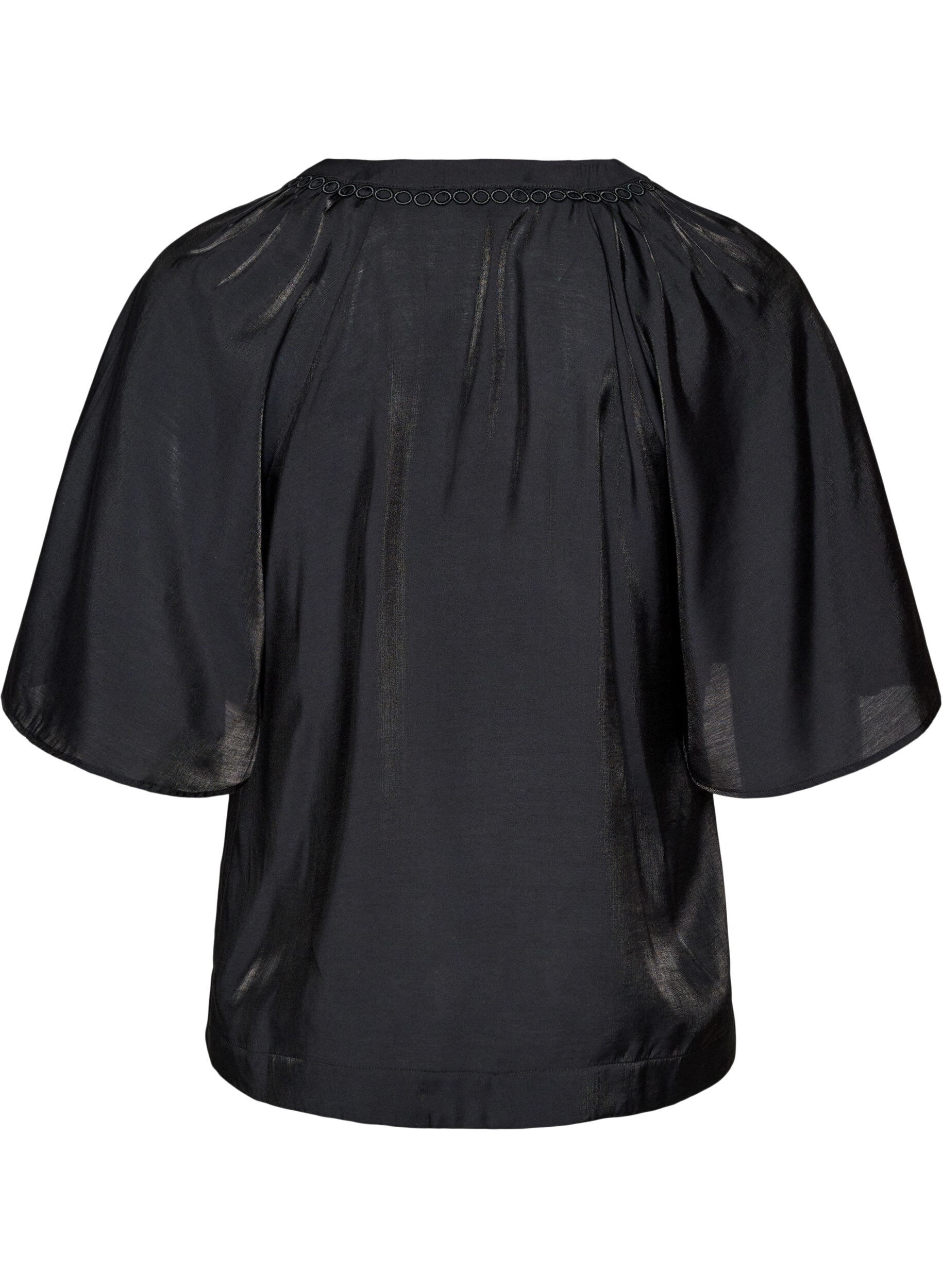 Zizzifashion Viscose blouse with V-neck and decorative details, Black, Packshot image number 1