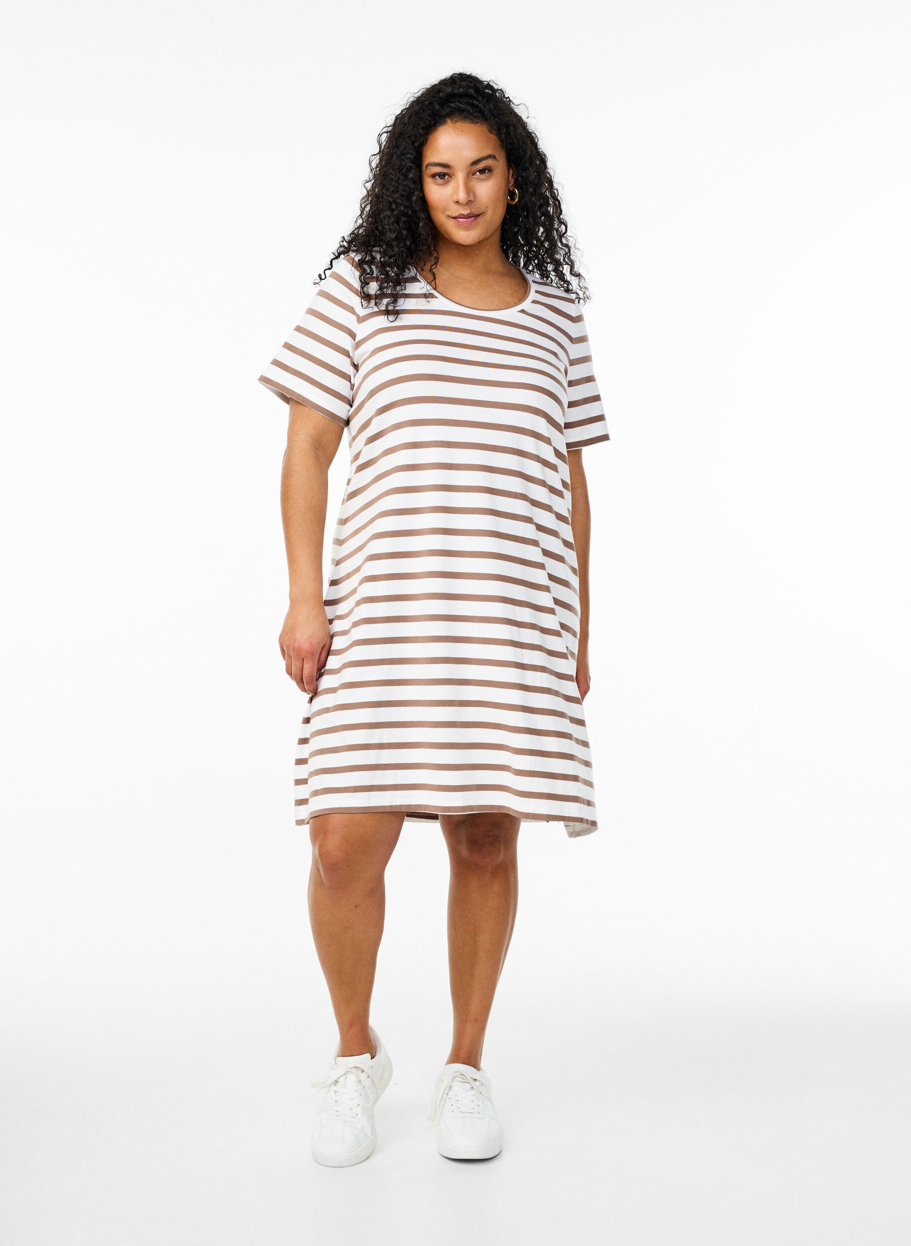Zizzifashion Striped jersey dress with short sleeves, White, Model image number 1