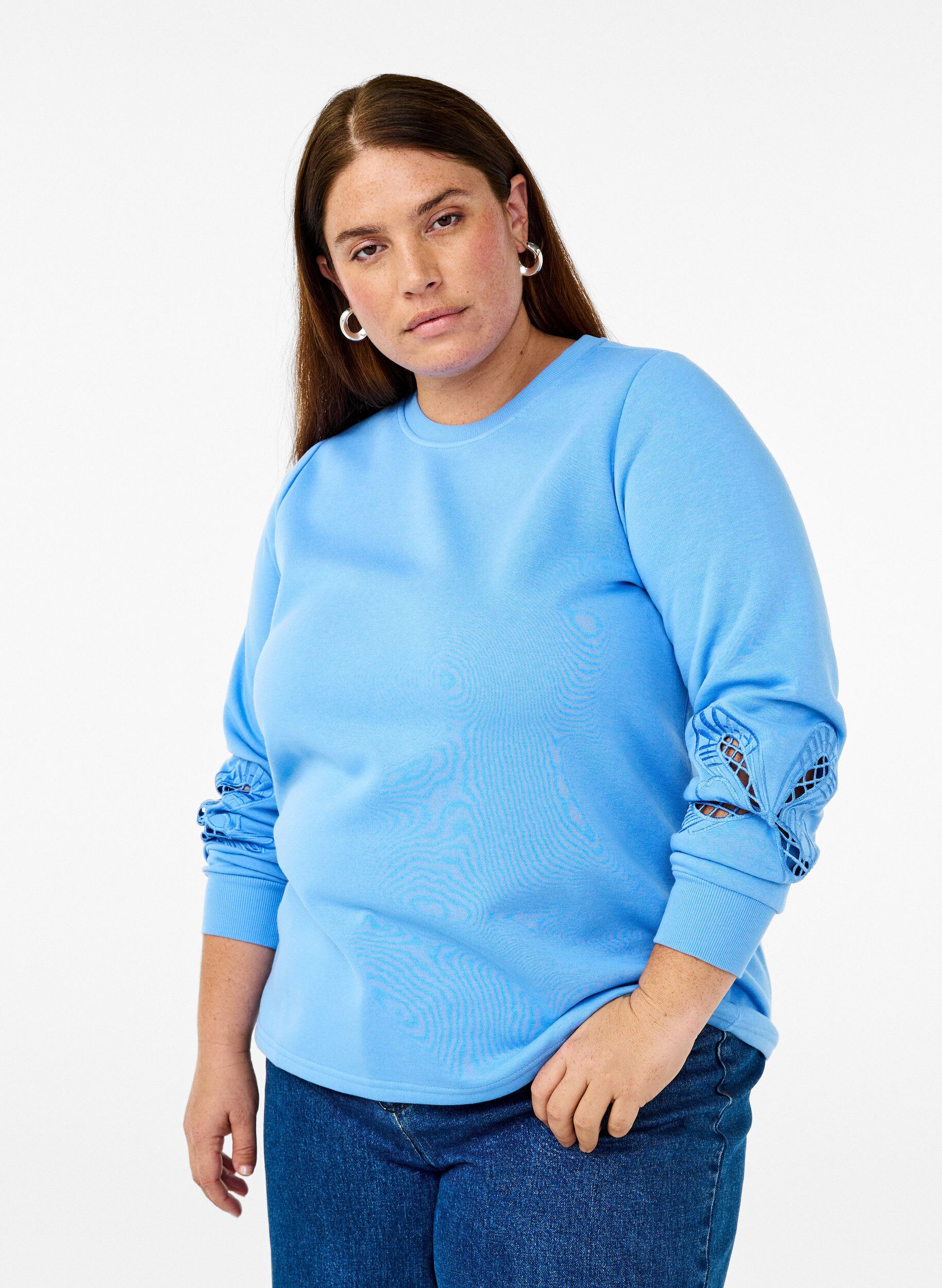 Zizzifashion Sweatshirt with embroidered cut-outs, Della Robbia Blue, Model image number 0