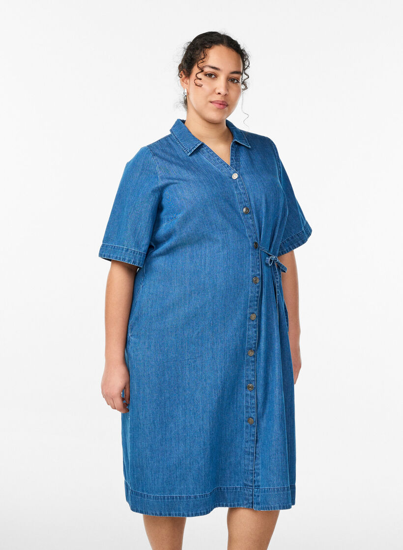 Denim dress with buttons and tie detail, Blue, Model image number 0
