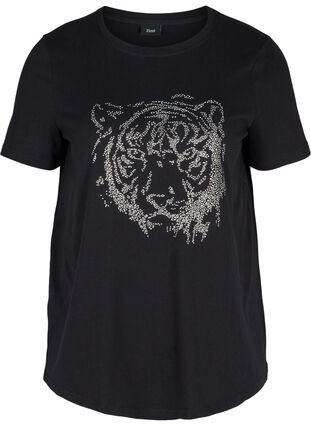T-shirt in organic cotton with rhinestones, Black , Packshot image number 0