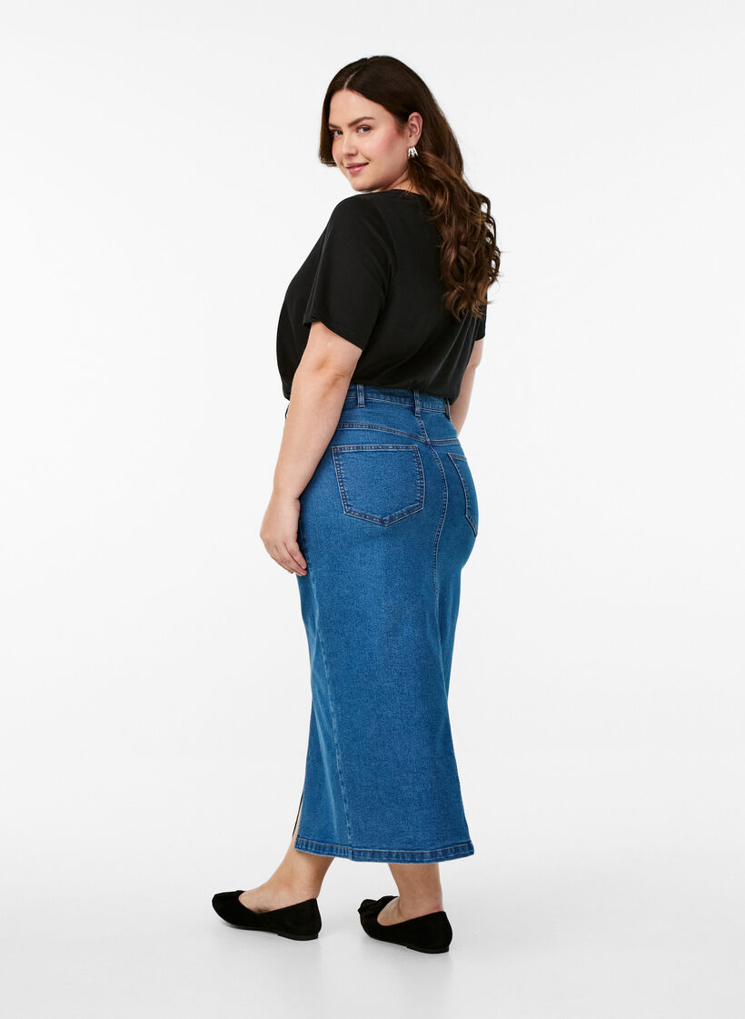 FLASH - Midi denim skirt with a front slit, Blue, Model image number 1