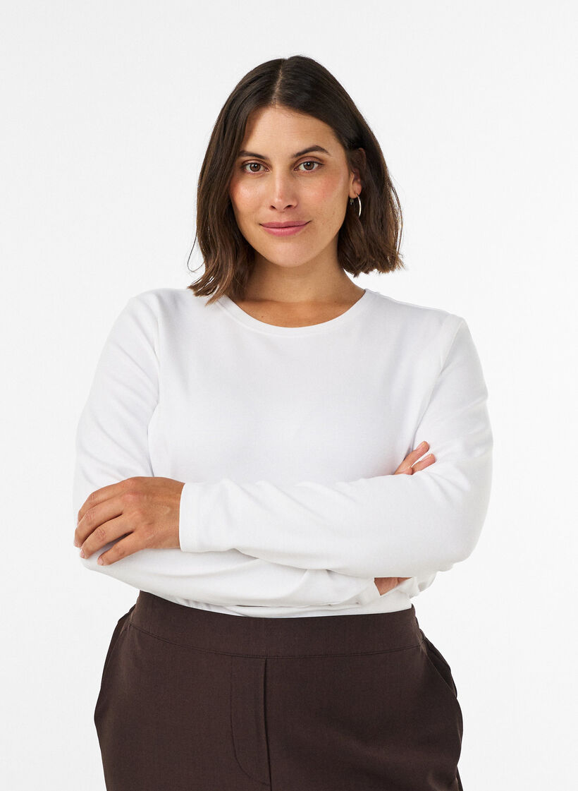 Long-sleeved basic T-shirt with a round neck, White, Model image number 0