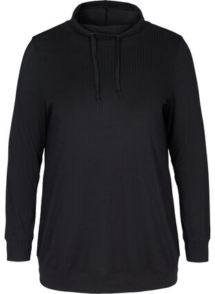 Long-sleeved blouse with a high neck and drawstring, Black, Packshot image number 0