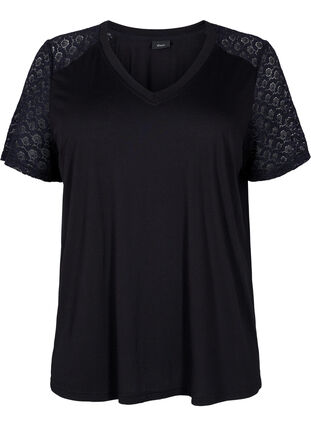 T-shirt with lace sleeves, Black, Packshot image number 0