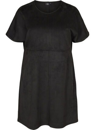 Short-sleeved dress with a round neck, Black, Packshot image number 0