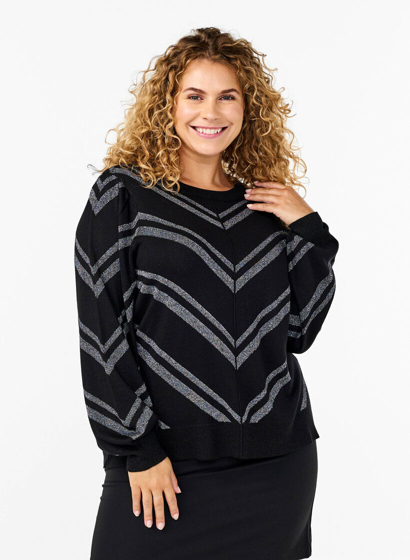 Knitted jumper with a round neck and shimmer, Black w.S.L.Stripes, Model image number 0