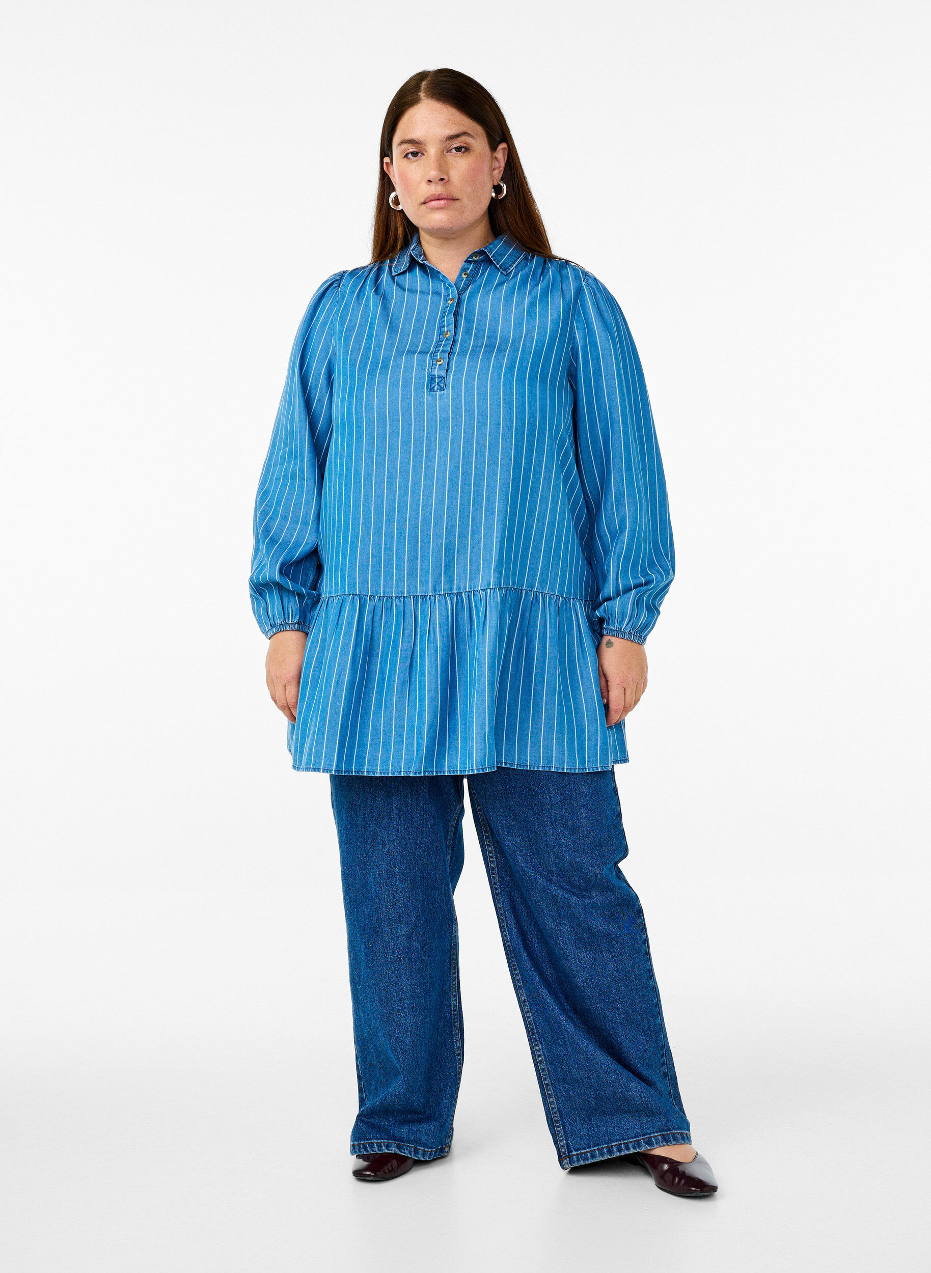 Zizzifashion Denim tunic with TENCEL&trade; and stripes, Blue, Model image number 1