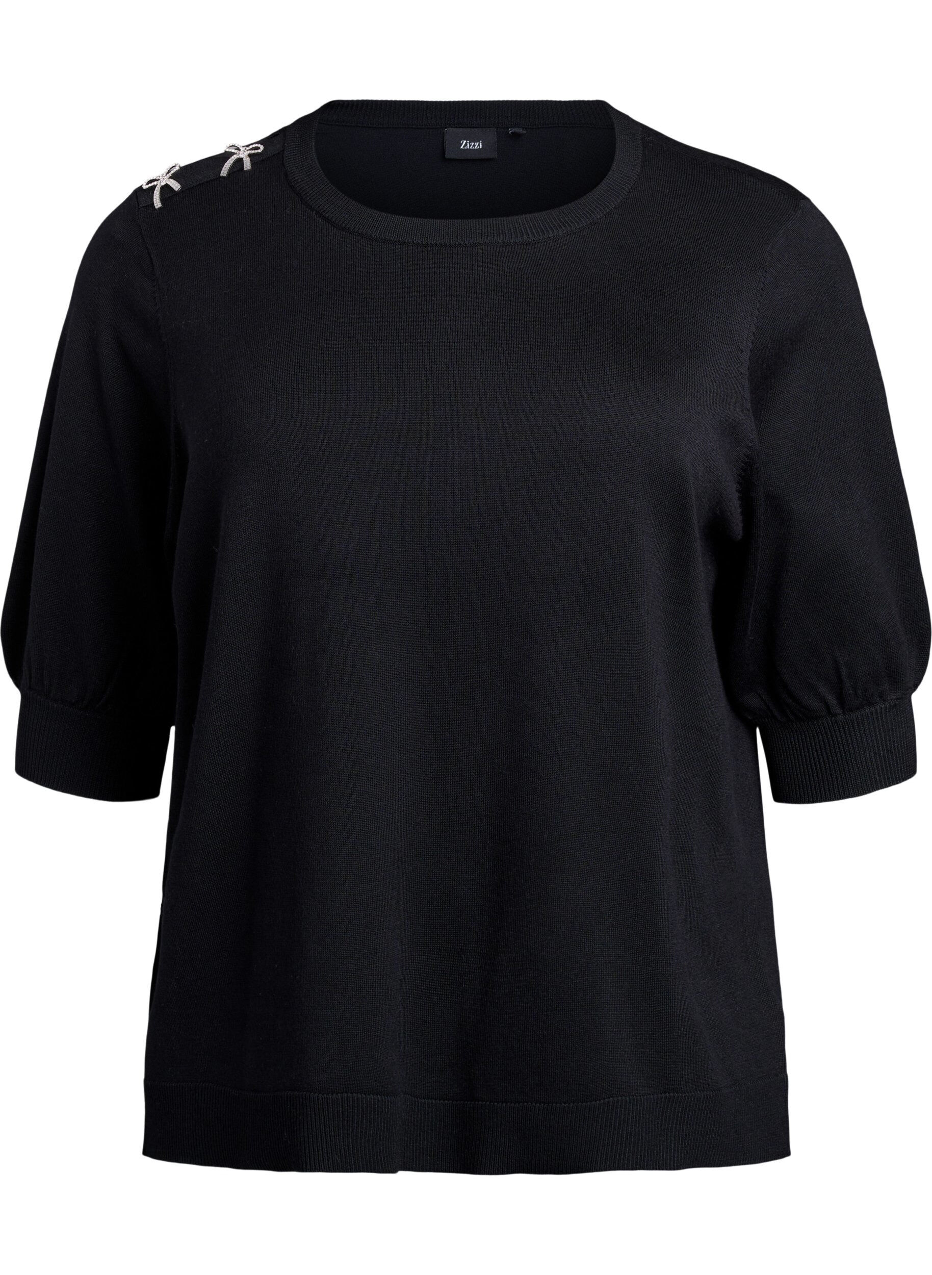 Zizzifashion Knitted blouse with short sleeves and small bows, Black, Packshot image number 0